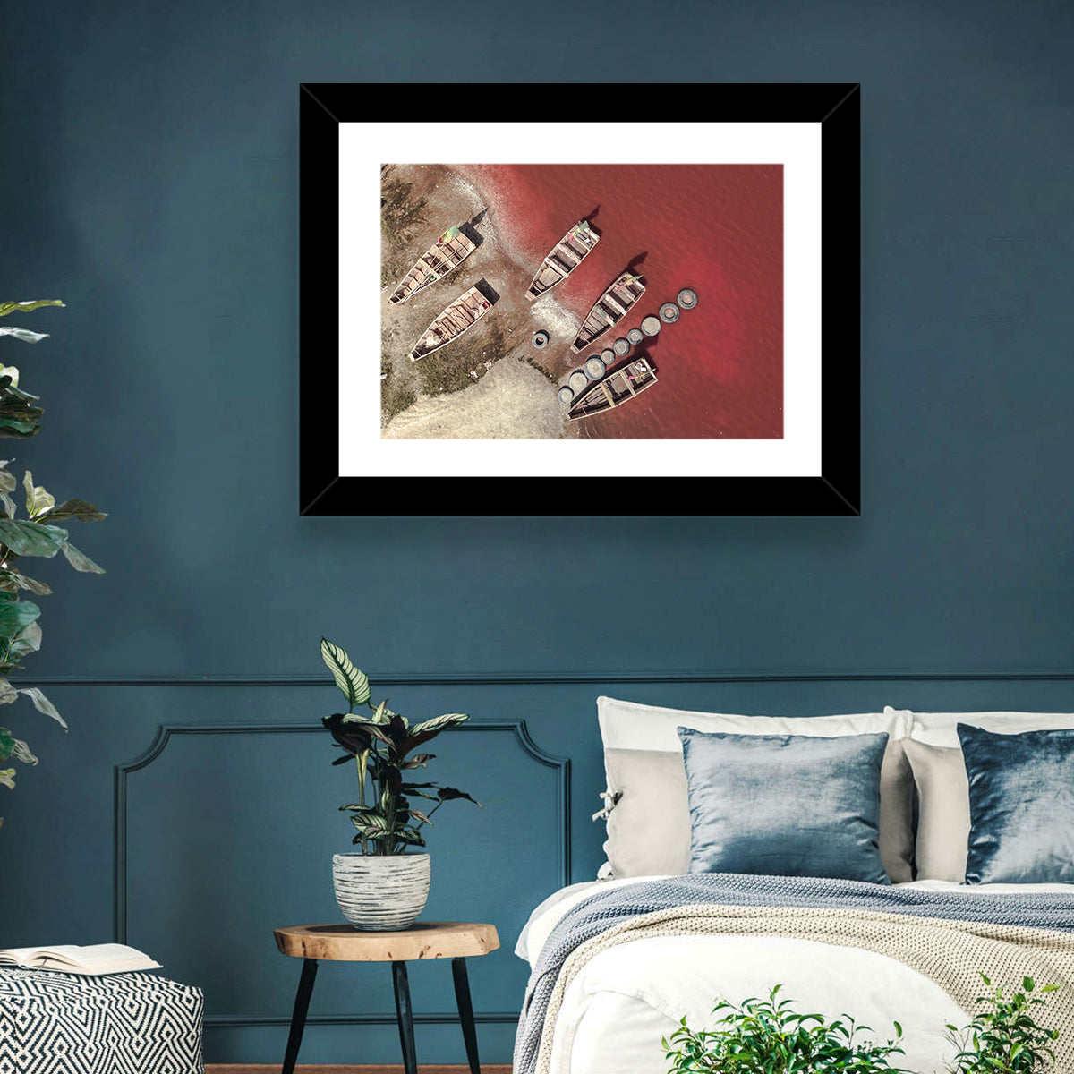 Wooden Boats on Lake Retba Wall Art in a room, landscape