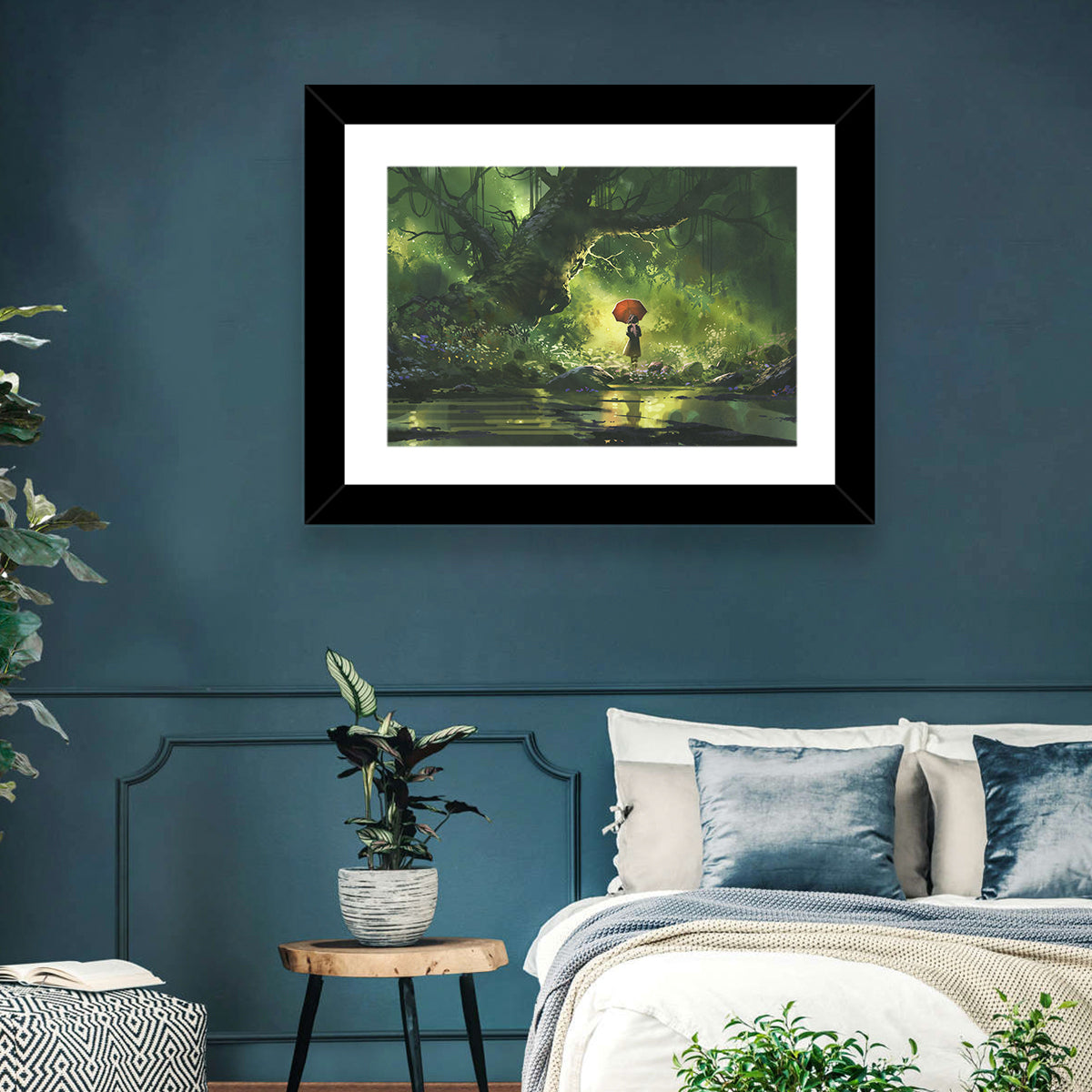 Girl with Umbrella in Mysterious Forest Wall Art in a room, landscape