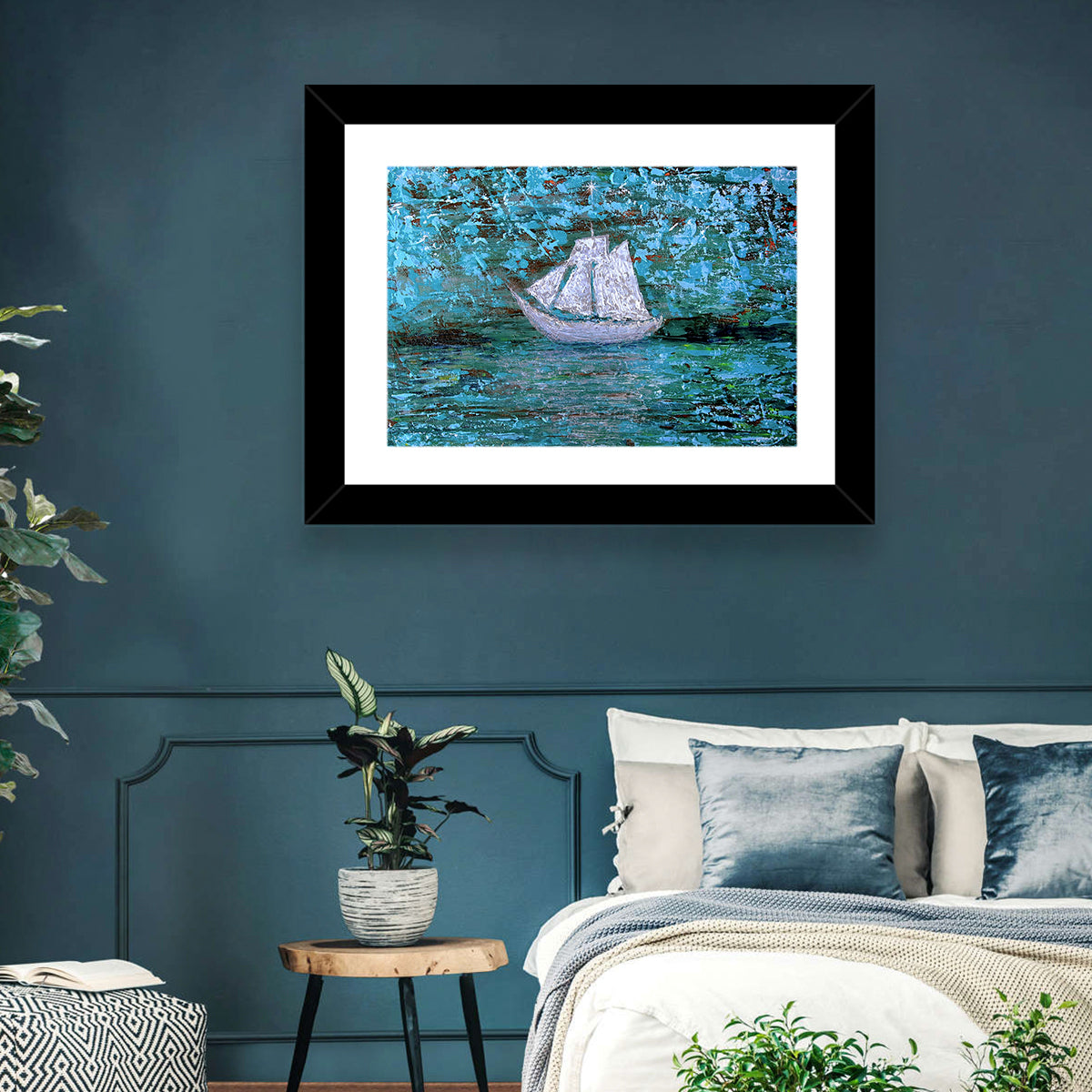 White Sailboat Reflection Wall Art in a room, landscape