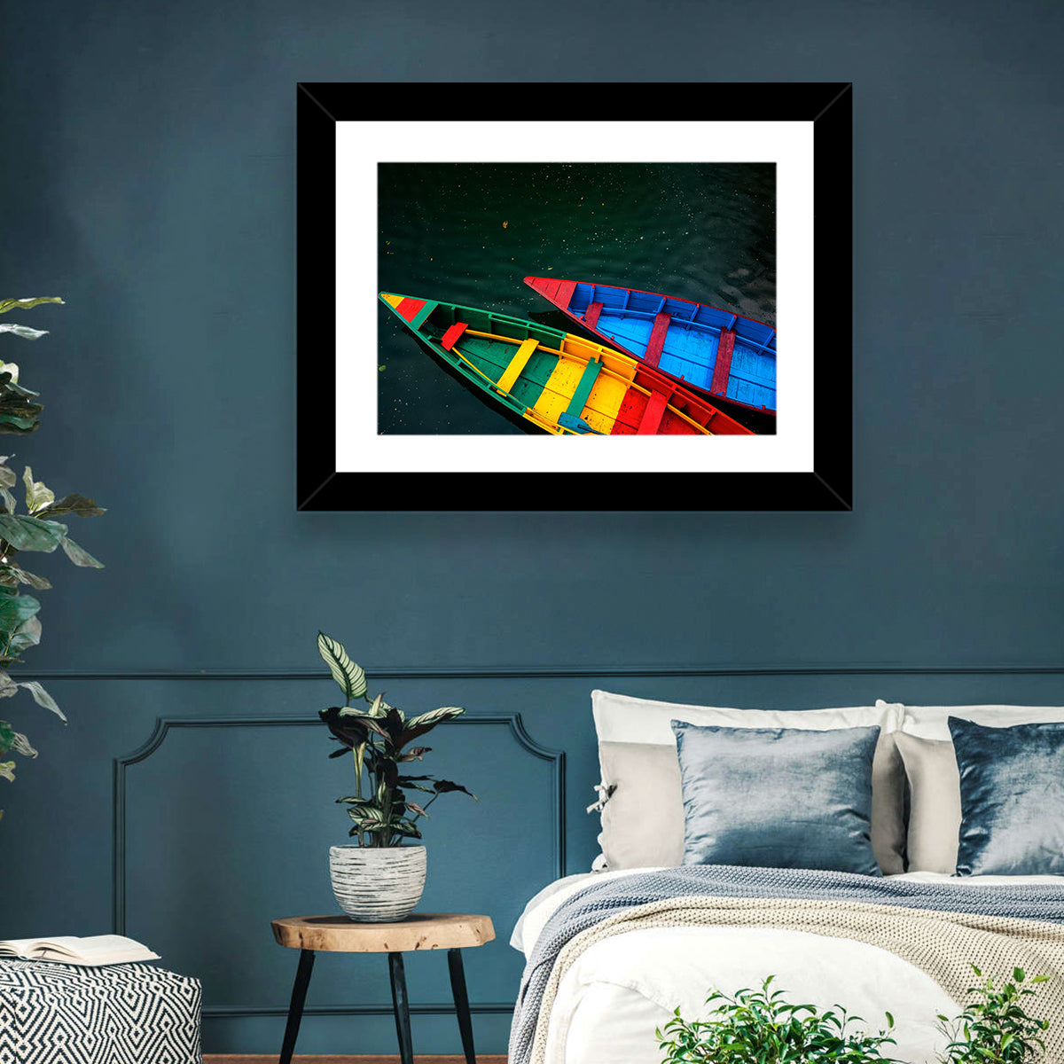 Two Colorful Boats Over Rippling Water Wall Art in a room, landscape