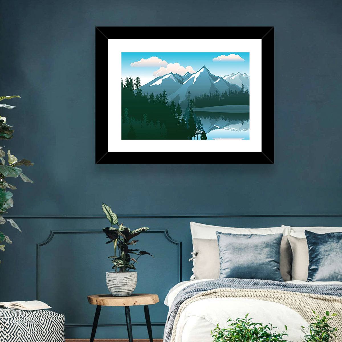 Tranquil Mountain Lake Illustration Wall Art in a room, landscape