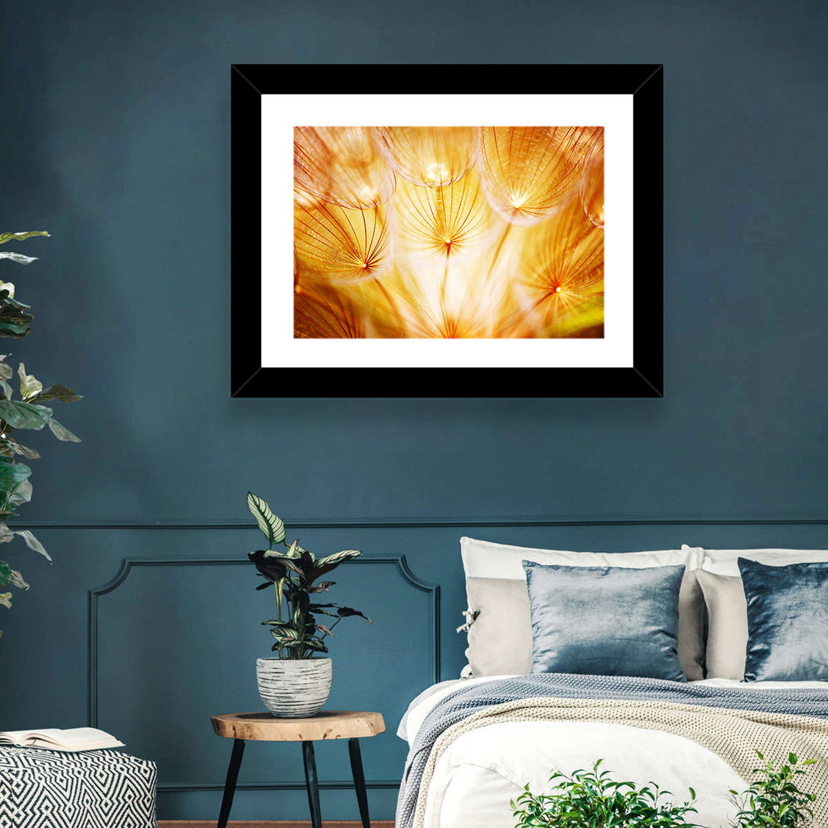 Golden Hour Dandelion Seed Macro Abstract Wall Art in a room, landscape