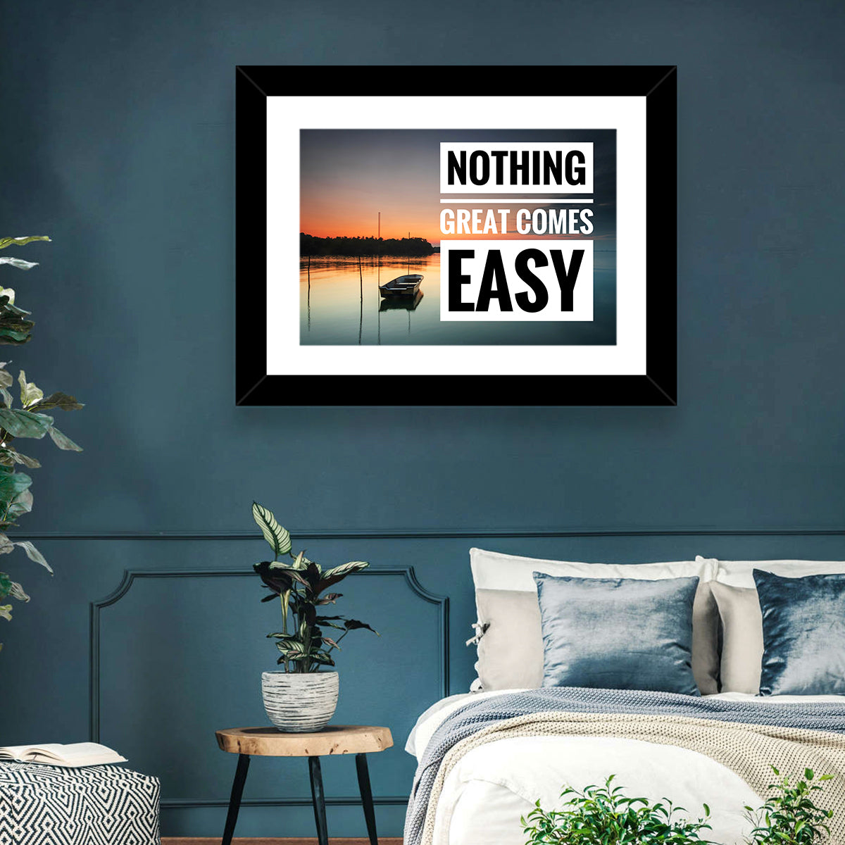 Nothing Great Comes Easy, Boat at Sunrise Wall Art in a room, landscape