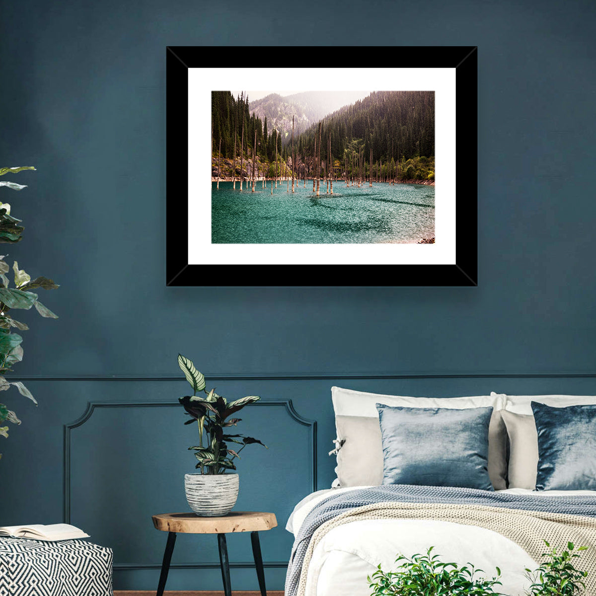 Kaindy Lake Submerged Spruces Wall Art in a room, landscape