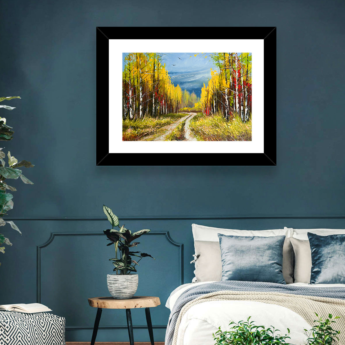 Autumn Birch Path with Two Birds Wall Art