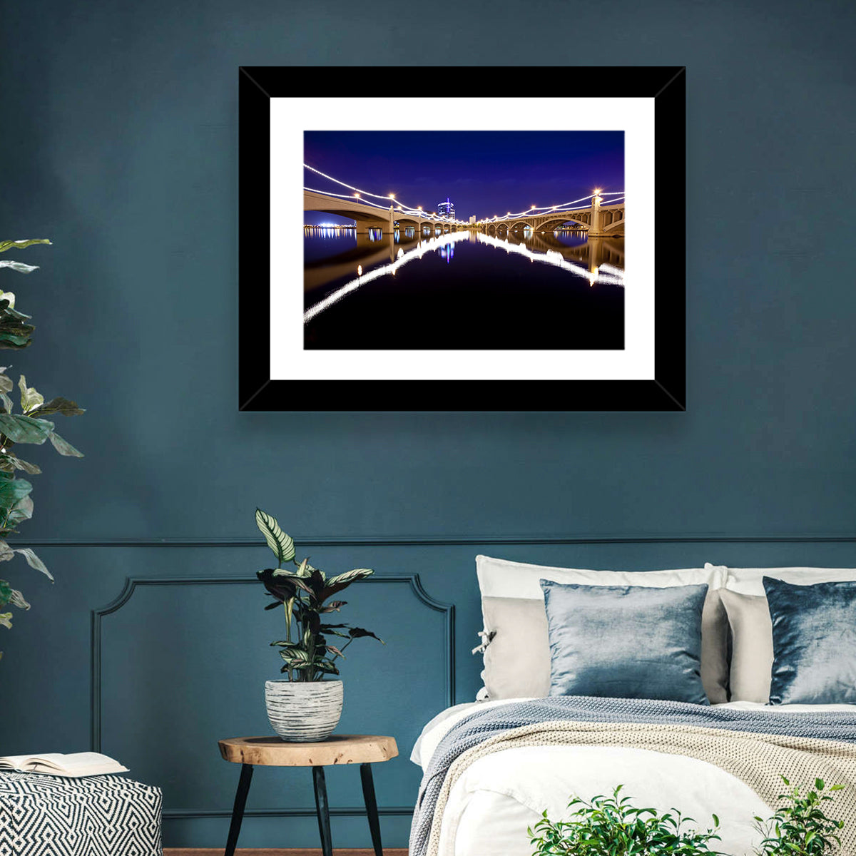 Mill Avenue Bridge Night Reflections Wall Art in a room, landscape