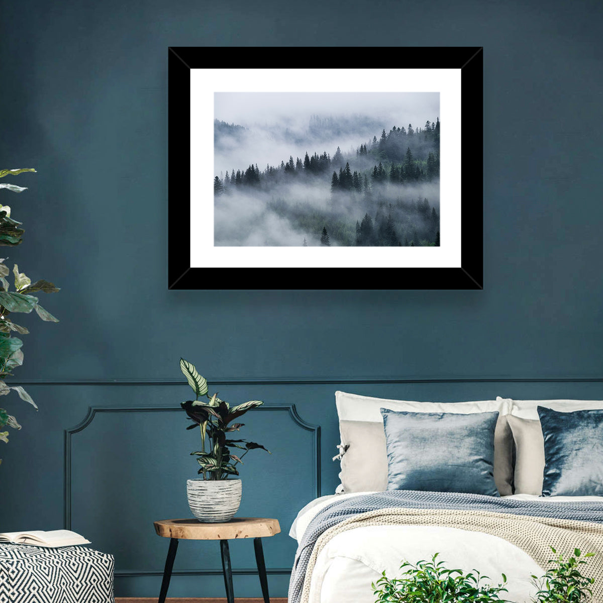 Misty Mountain Pine Forest Wall Art in a room, landscape