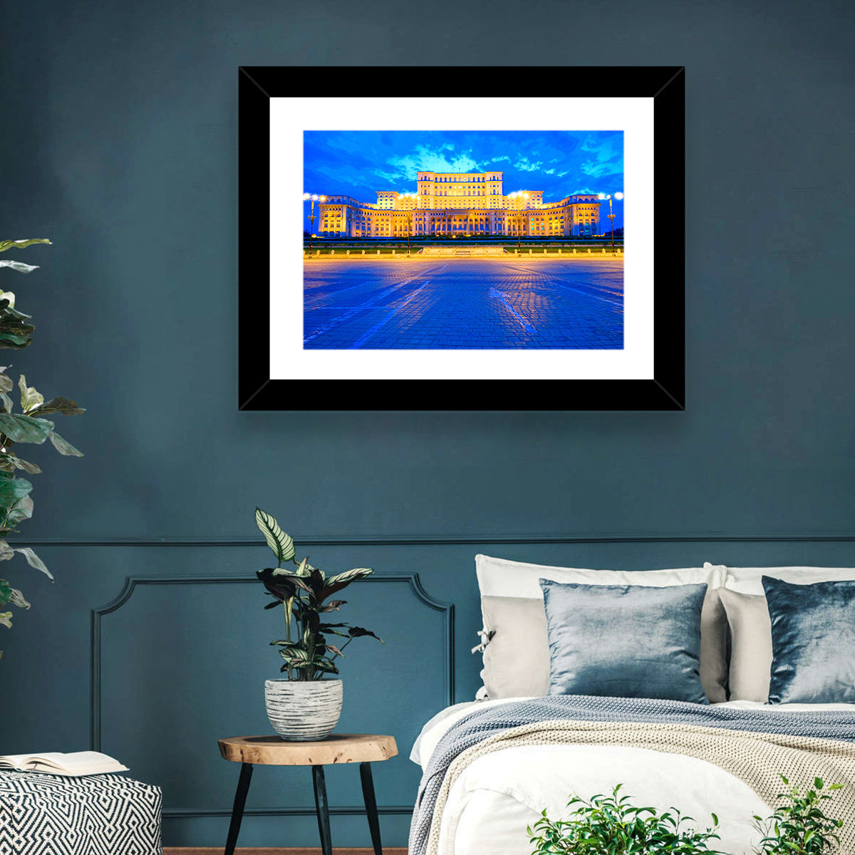 Palace of the Parliament at Twilight Wall Art in a room, landscape