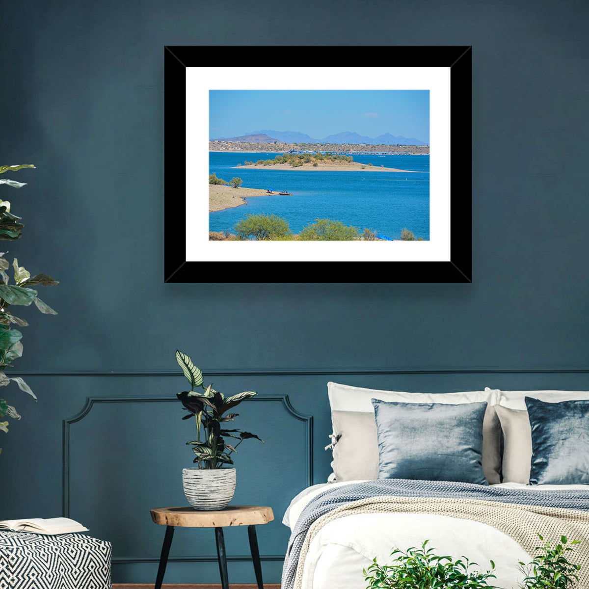 Lake Pleasant Shoreline with Boat Wall Art in a room, landscape