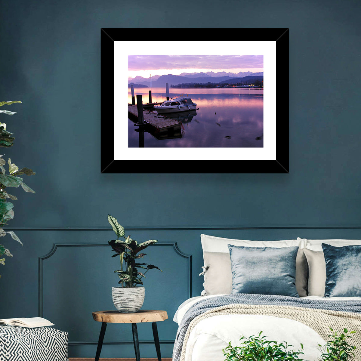 Lake Lucerne Pier at Dusk Wall Art in a room, landscape
