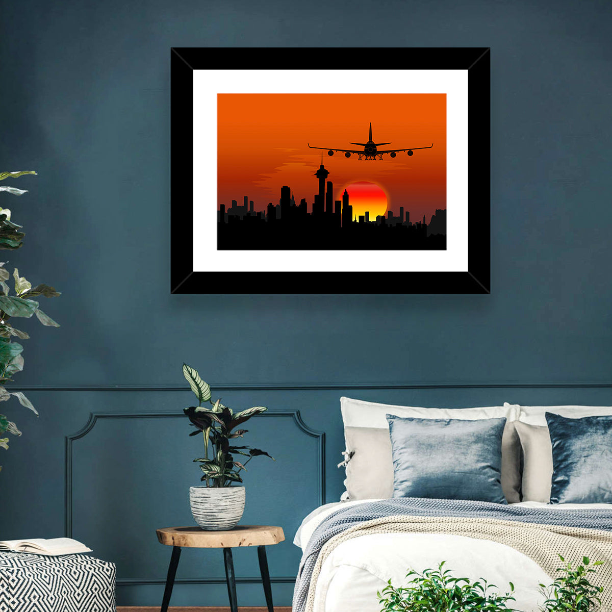 Approaching Jet Over Sunset Skyline Wall Art