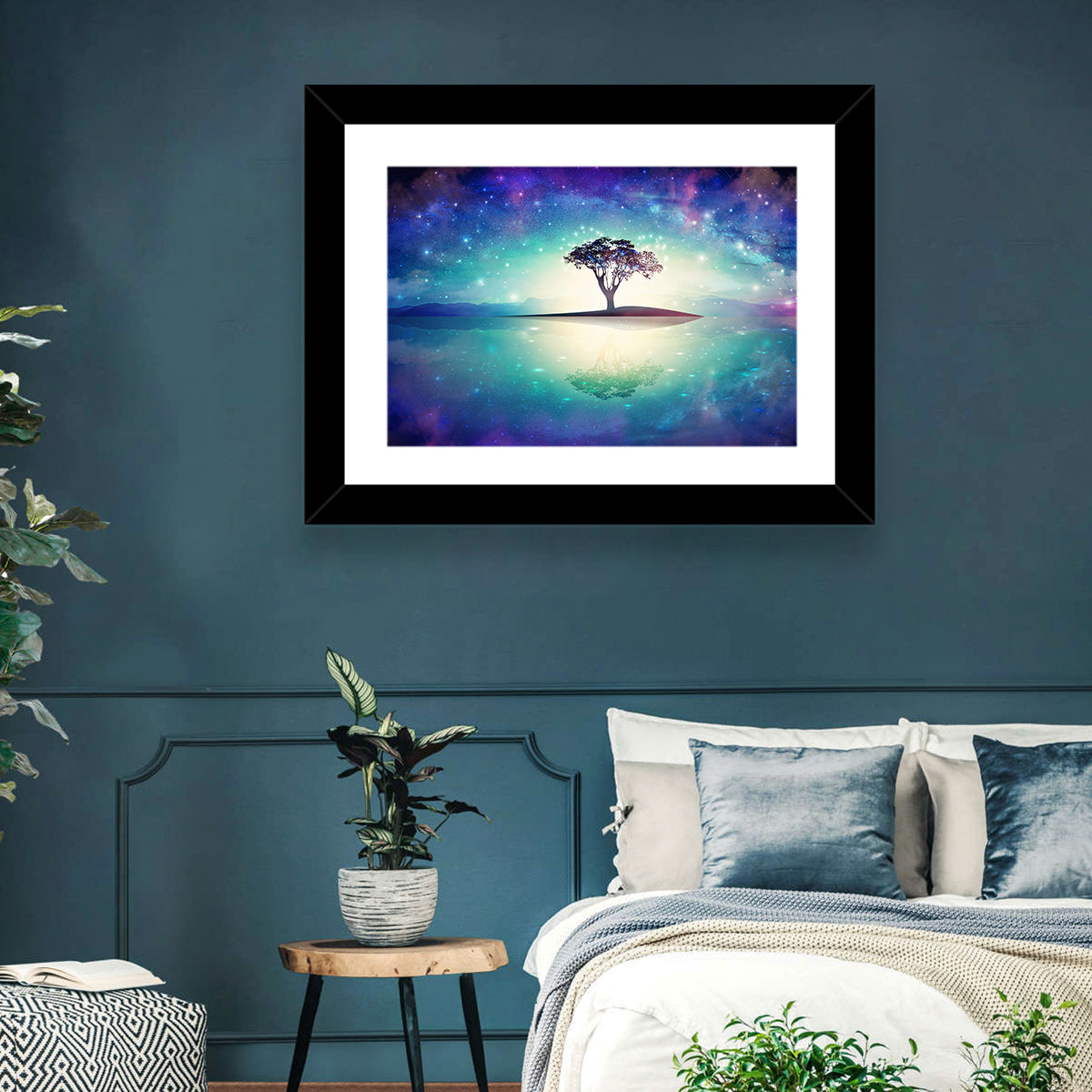Glowing Island Tree Under Starry Nebula Wall Art in a room, landscape