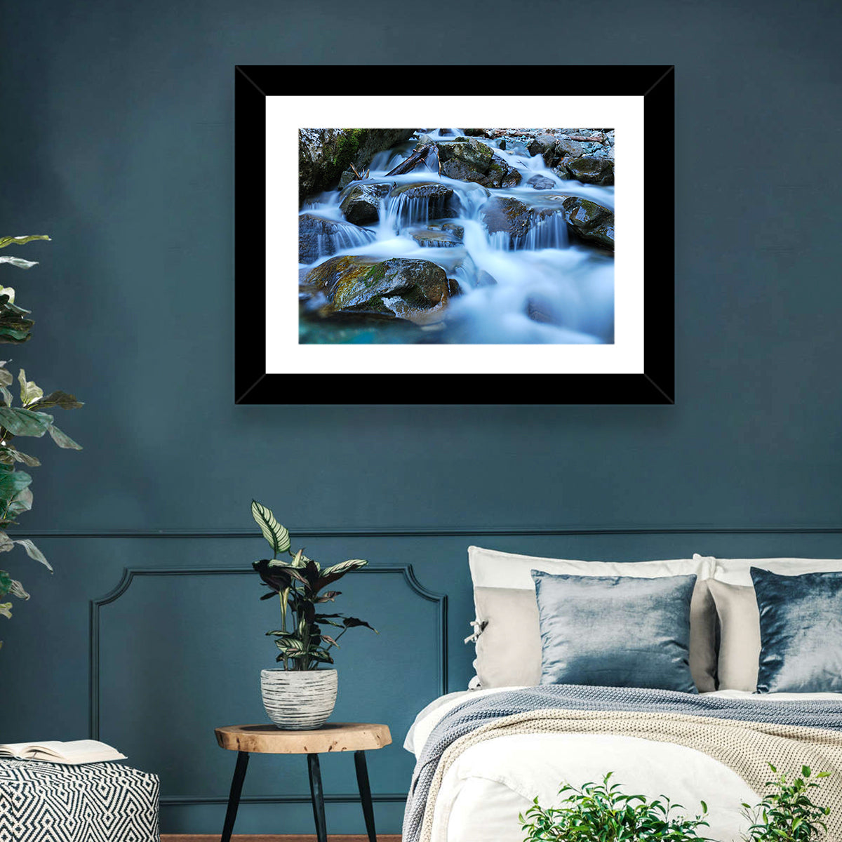 Mossy Rock Stream with Silky Waterfall Wall Art in a room, landscape