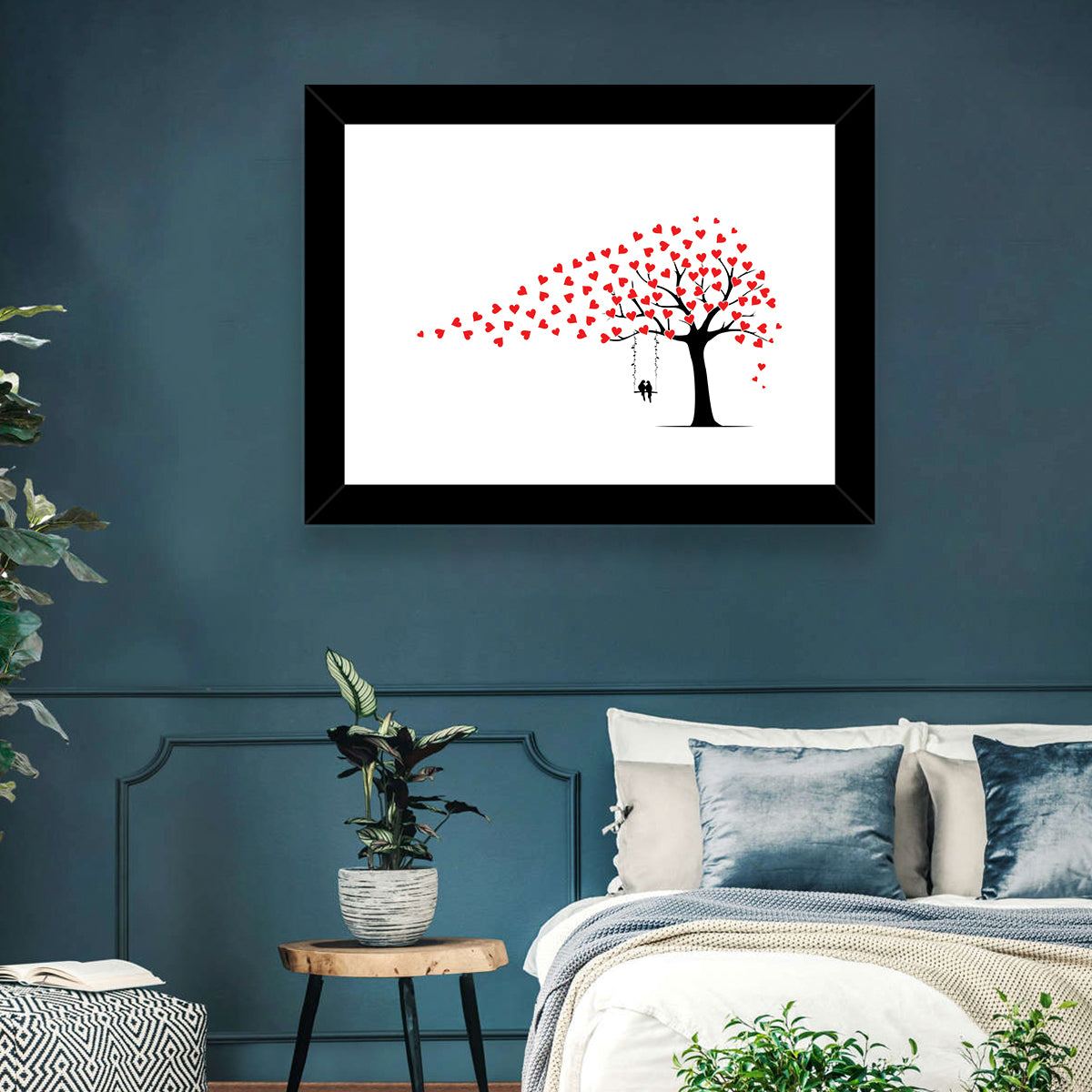 Heart Leaf Tree Silhouette Wall Art in a room, landscape