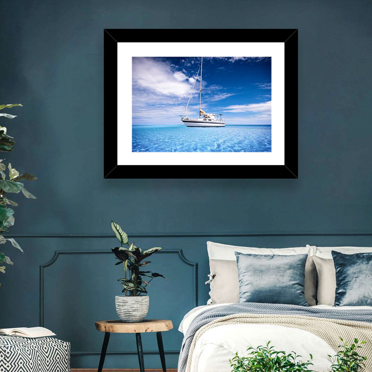 Furled Sails Over Turquoise Water Wall Art in a room, landscape