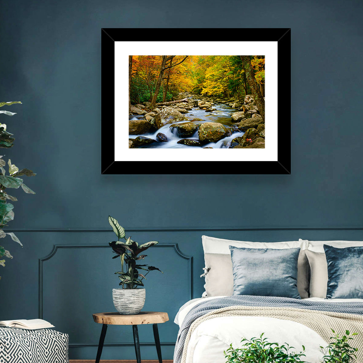 Autumn Stream Through Forest Wall Art in a room, landscape