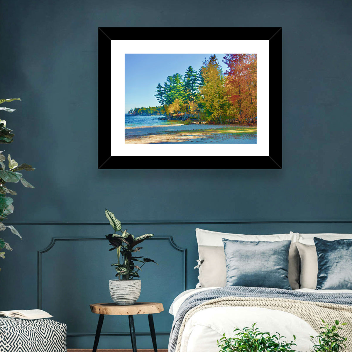 Sebago Lake Pier in Autumn Wall Art in a room, landscape
