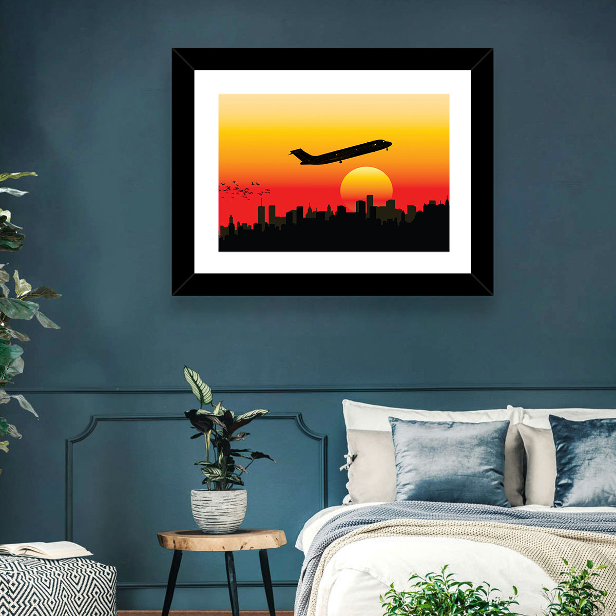Airplane Over Sunset Skyline Wall Art in a room, landscape