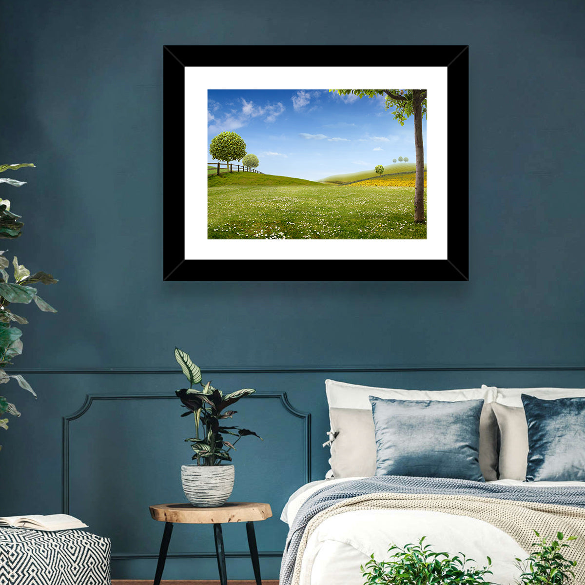 Green Sunflower Fields Wall Art in a room, landscape