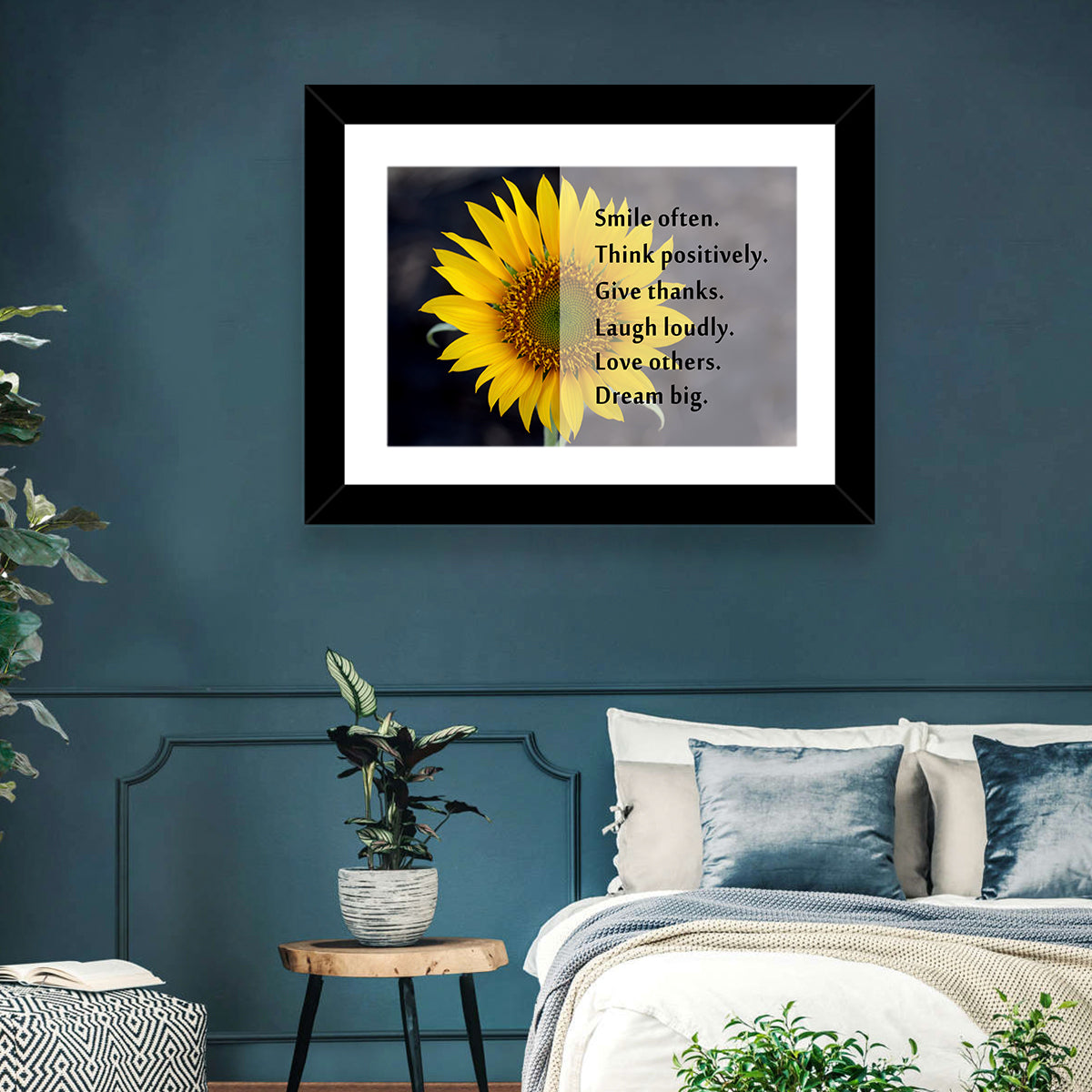 Sunflower Smile Typography Wall Art in a room, landscape