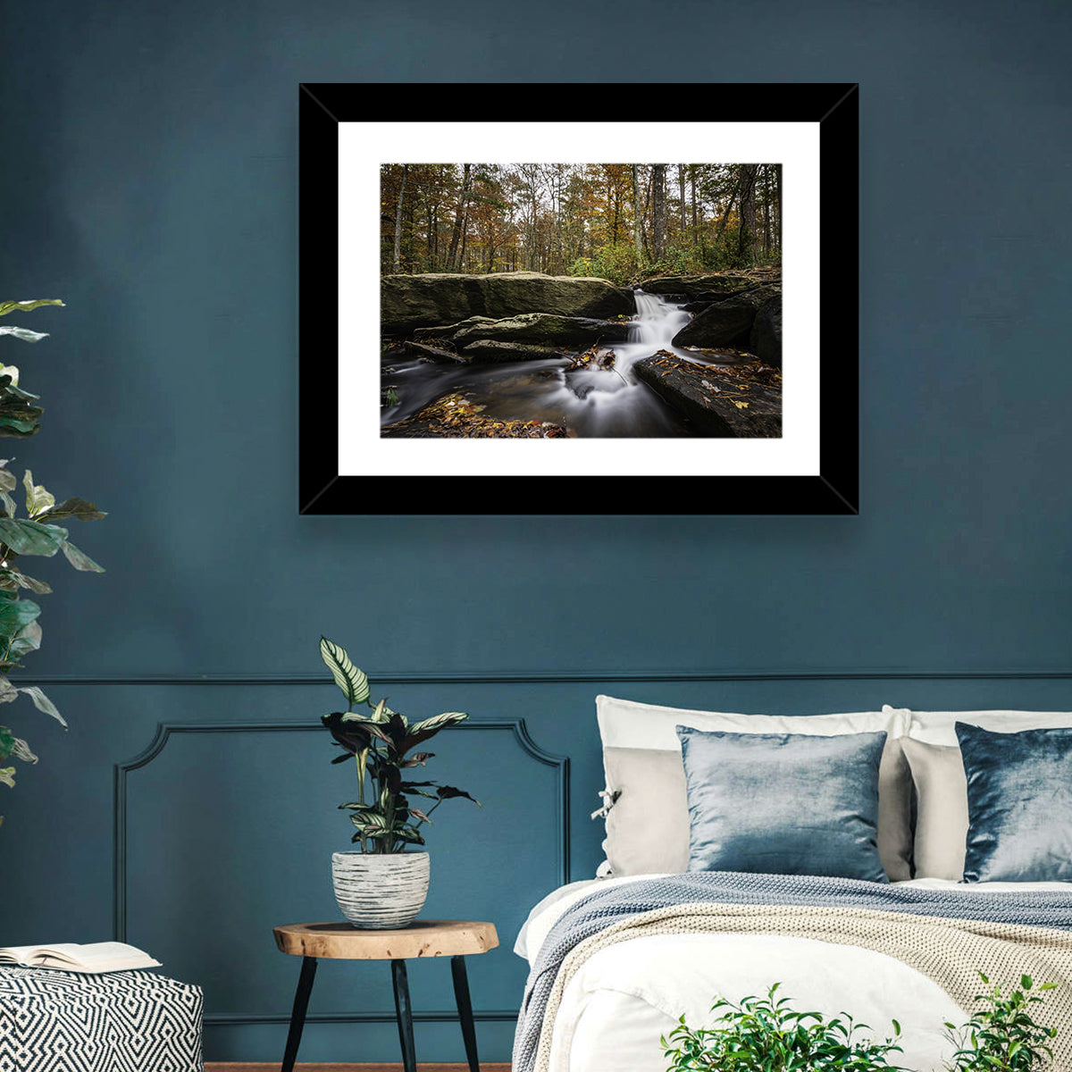 Cheaha Falls Autumn Waterfall Wall Art in a room, landscape