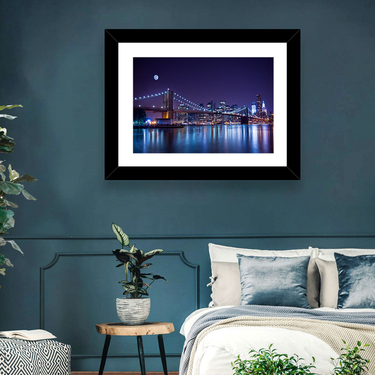 Brooklyn Bridge Moonlit Reflections Wall Art in a room, landscape