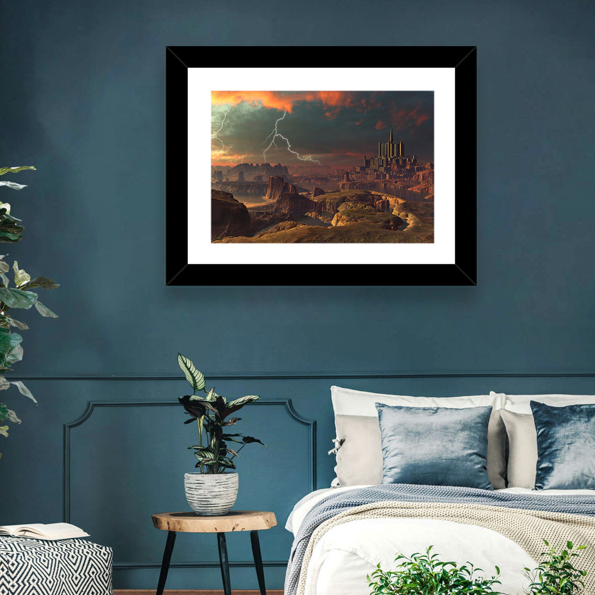 Dusk Storm Over Alien Fortress Wall Art in a room, landscape