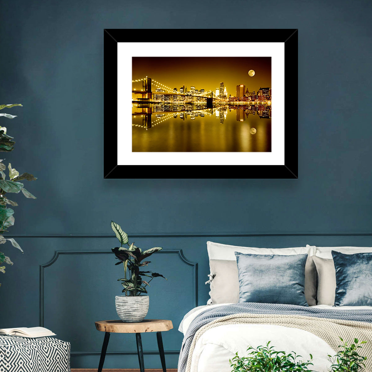 Brooklyn Bridge Moonlit Reflection Wall Art in a room, landscape