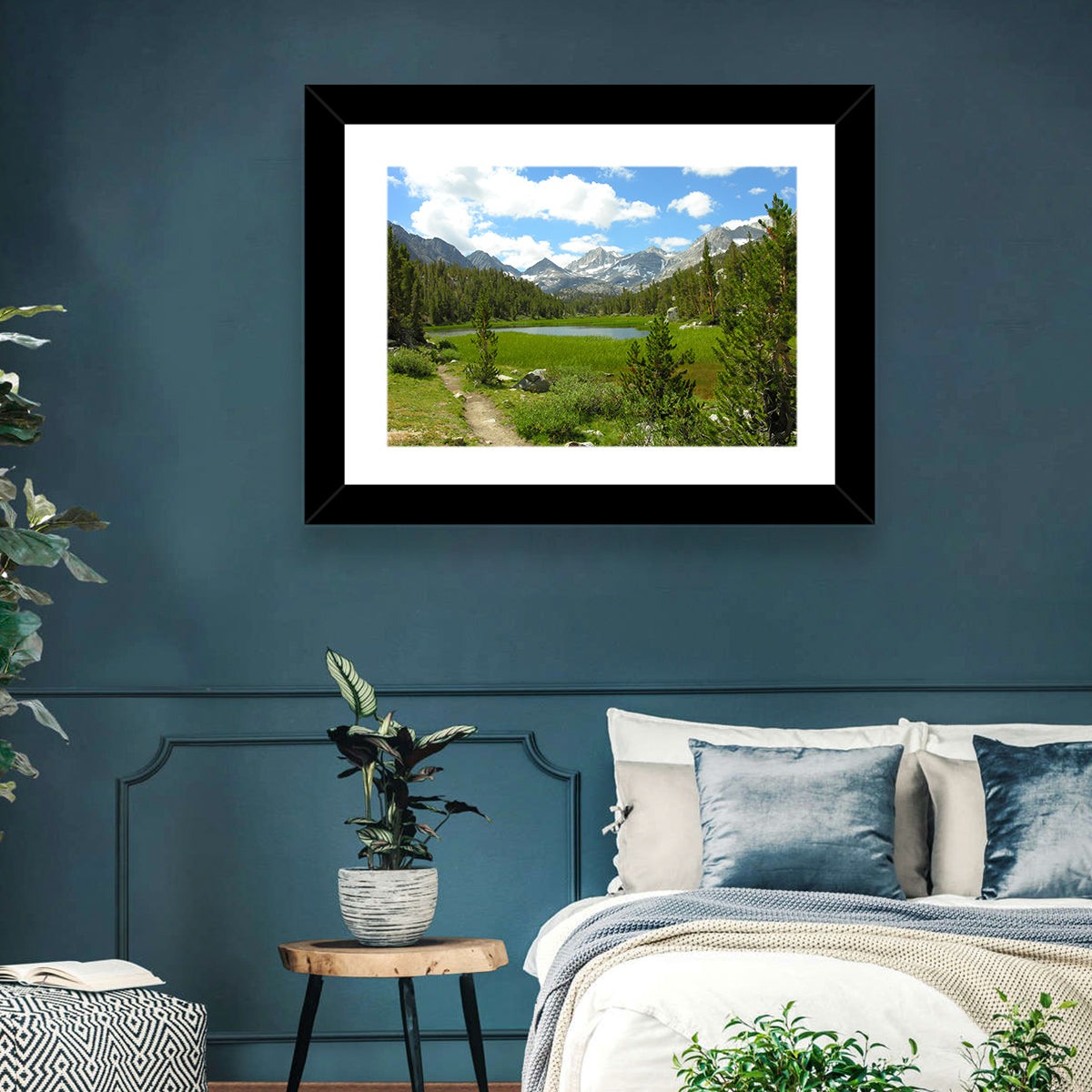 Sierra Nevada Trail to Snow Capped Peaks Wall Art in a room, landscape