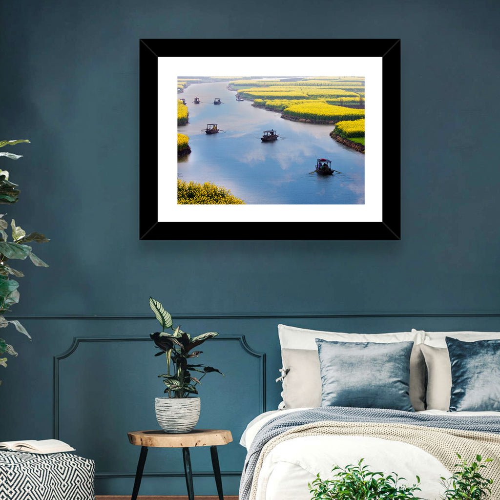Spring River Rowboats in Rapeseed Fields Wall Art