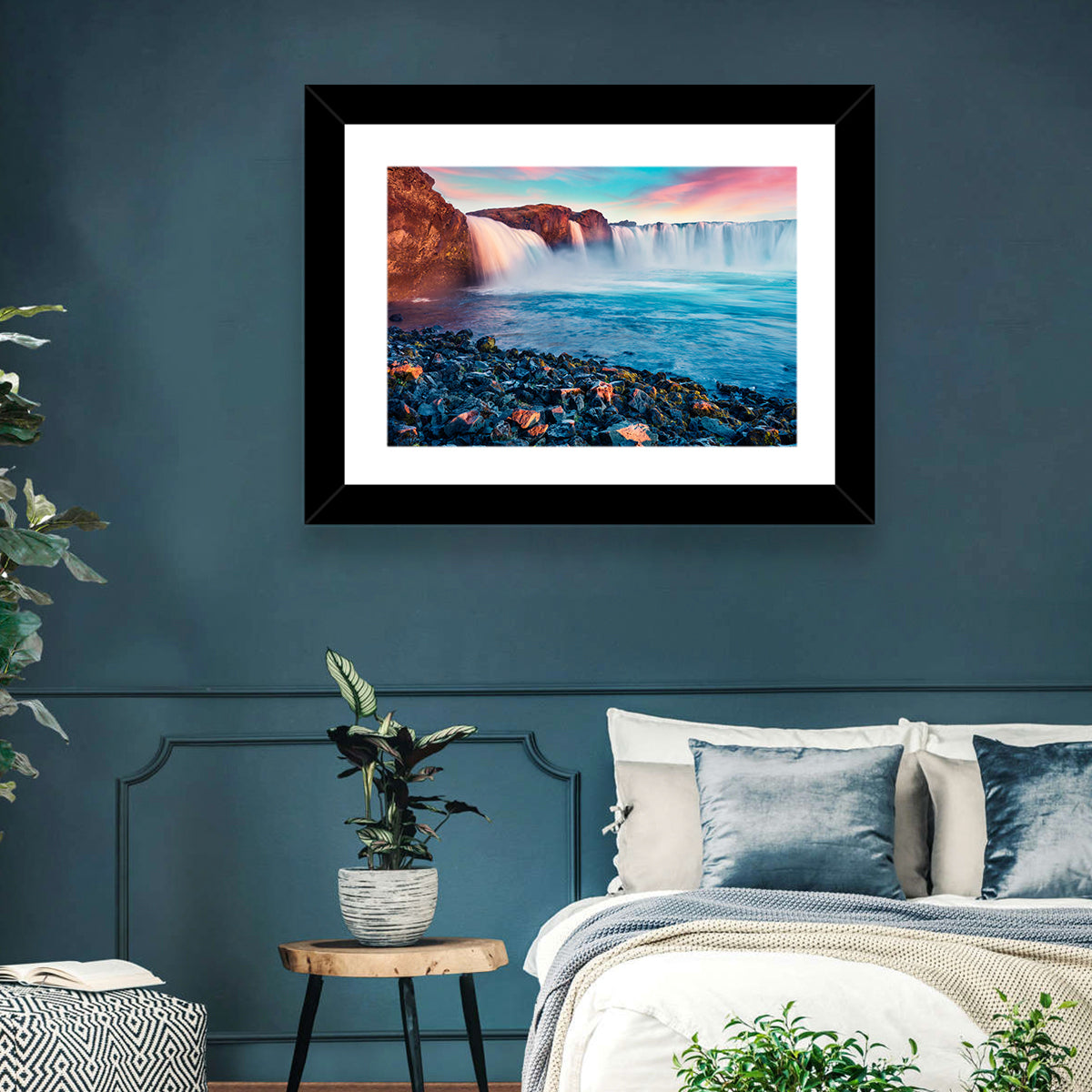 Goðafoss Waterfall at Sunset Wall Art in a room, landscape