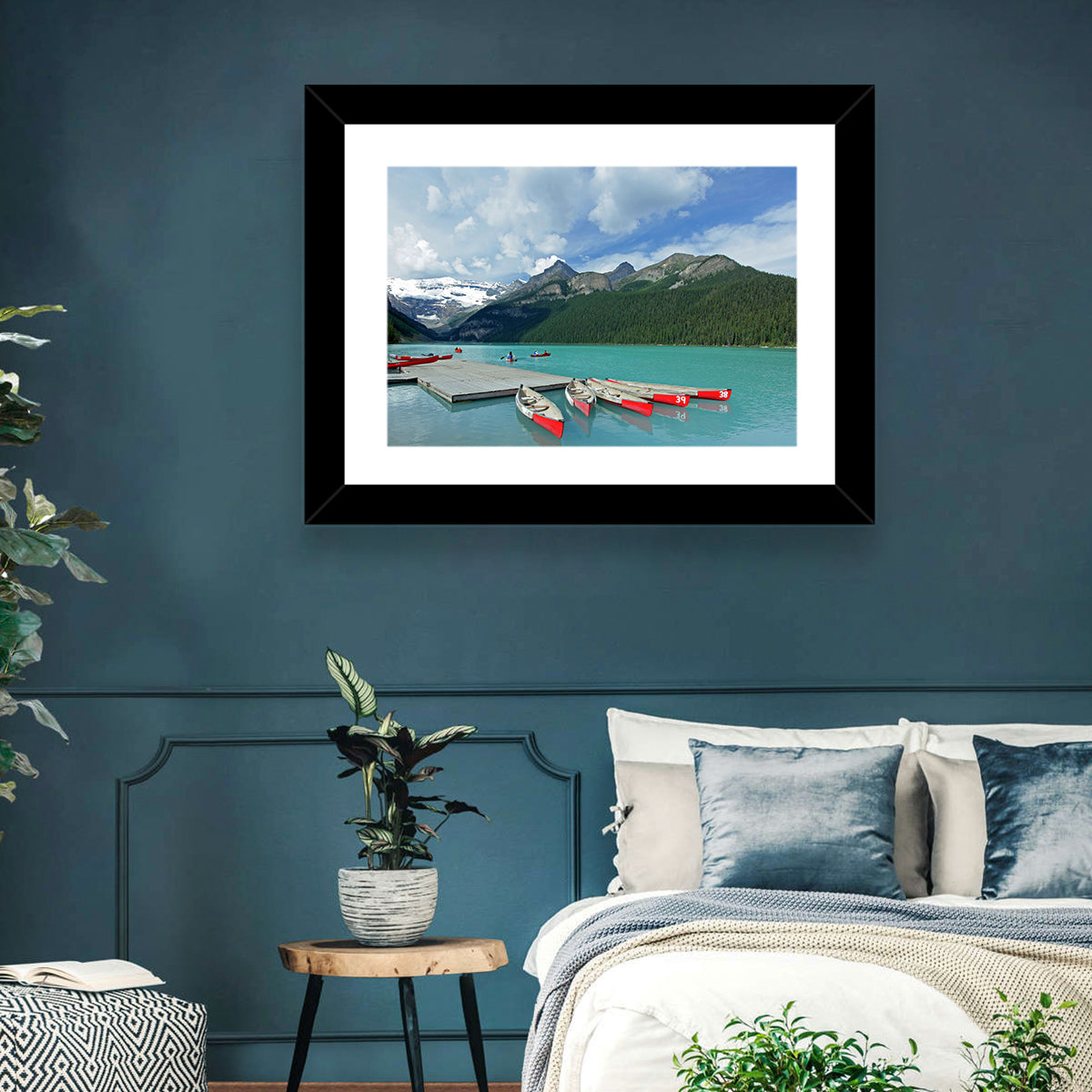 Red Canoes at Lake Louise Wall Art in a room, landscape