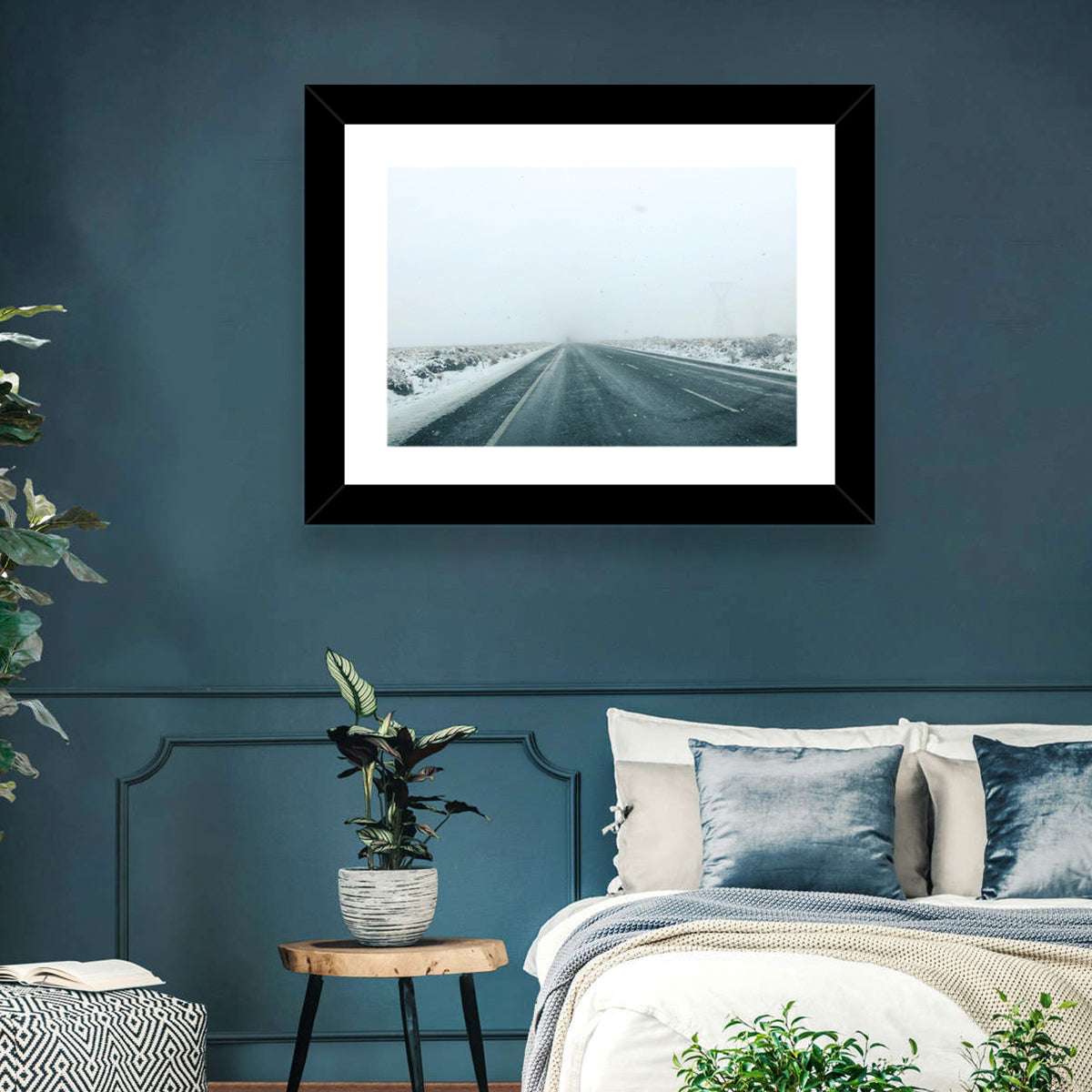 Foggy Winter Mountain Road Wall Art in a room, landscape