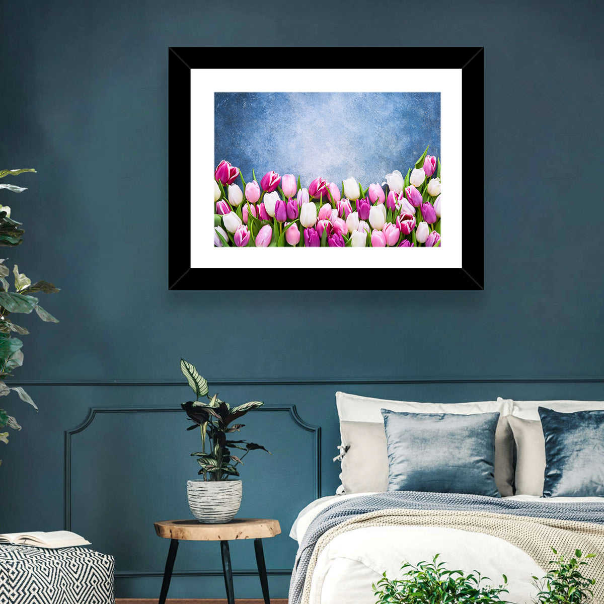 Tulips on Textured Blue Wall Art in a room, landscape