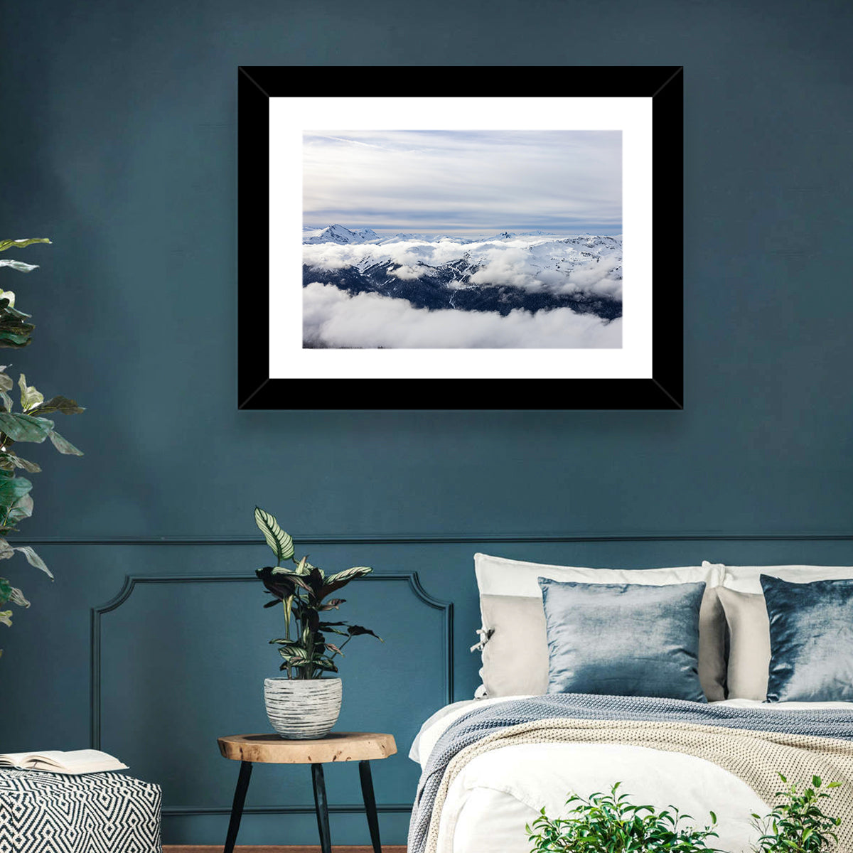 Snow-capped Whistler Peaks Wall Art in a room, landscape