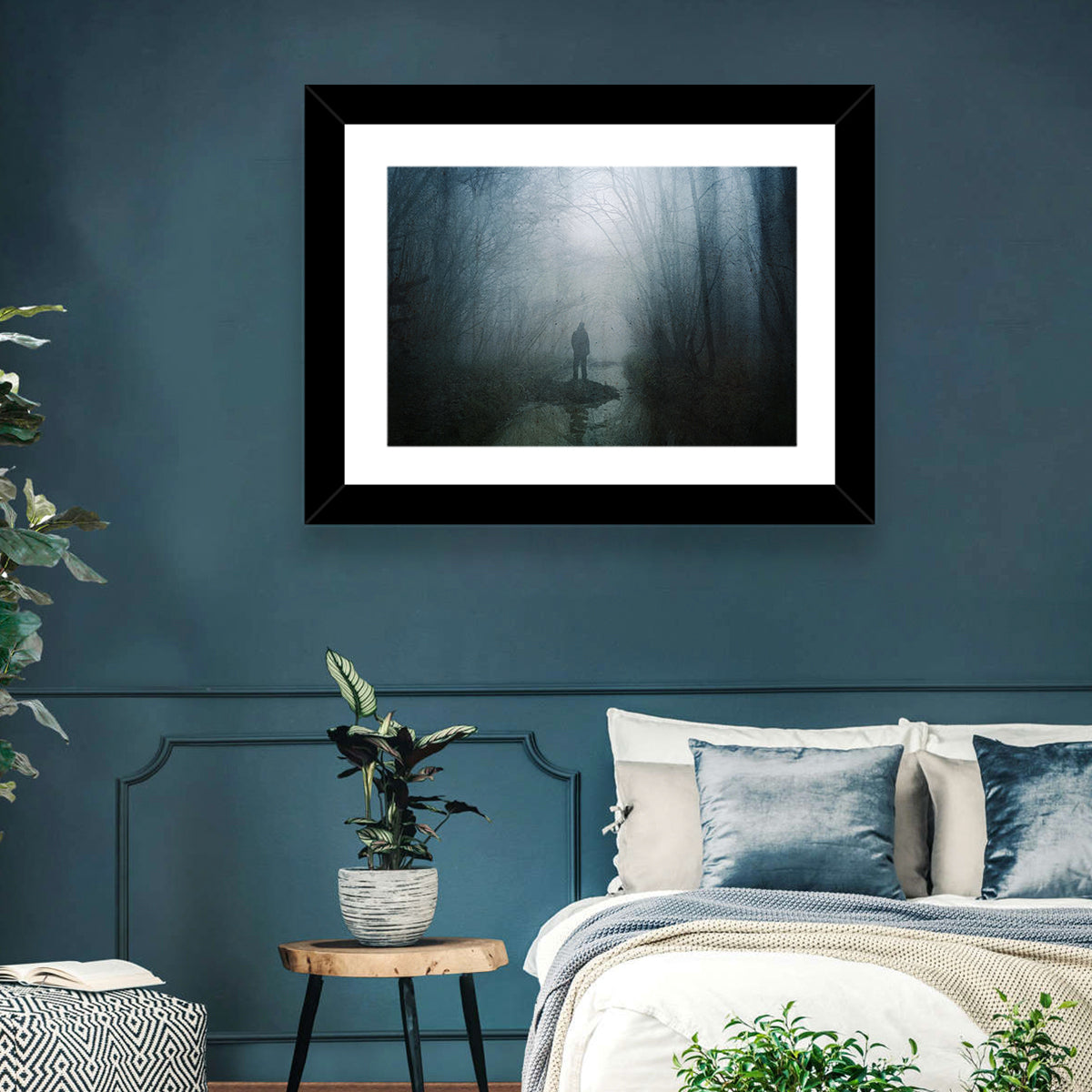 Foggy Forest Pathway Wall Art in a room, landscape