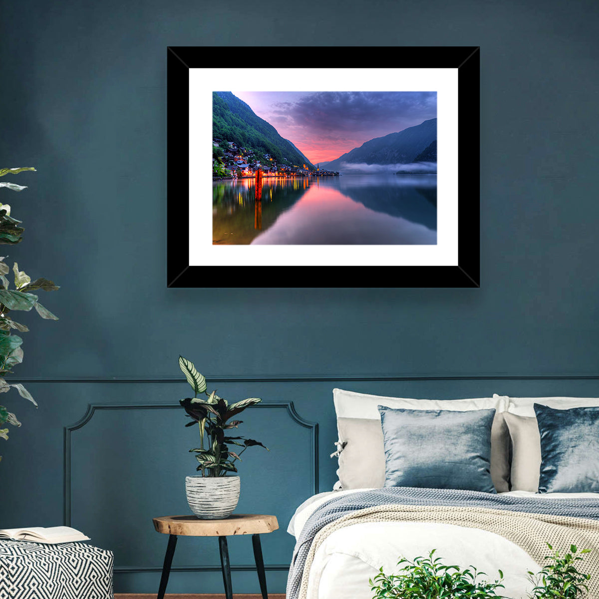 Hallstatt Mountain Village Wall Art in a room, landscape