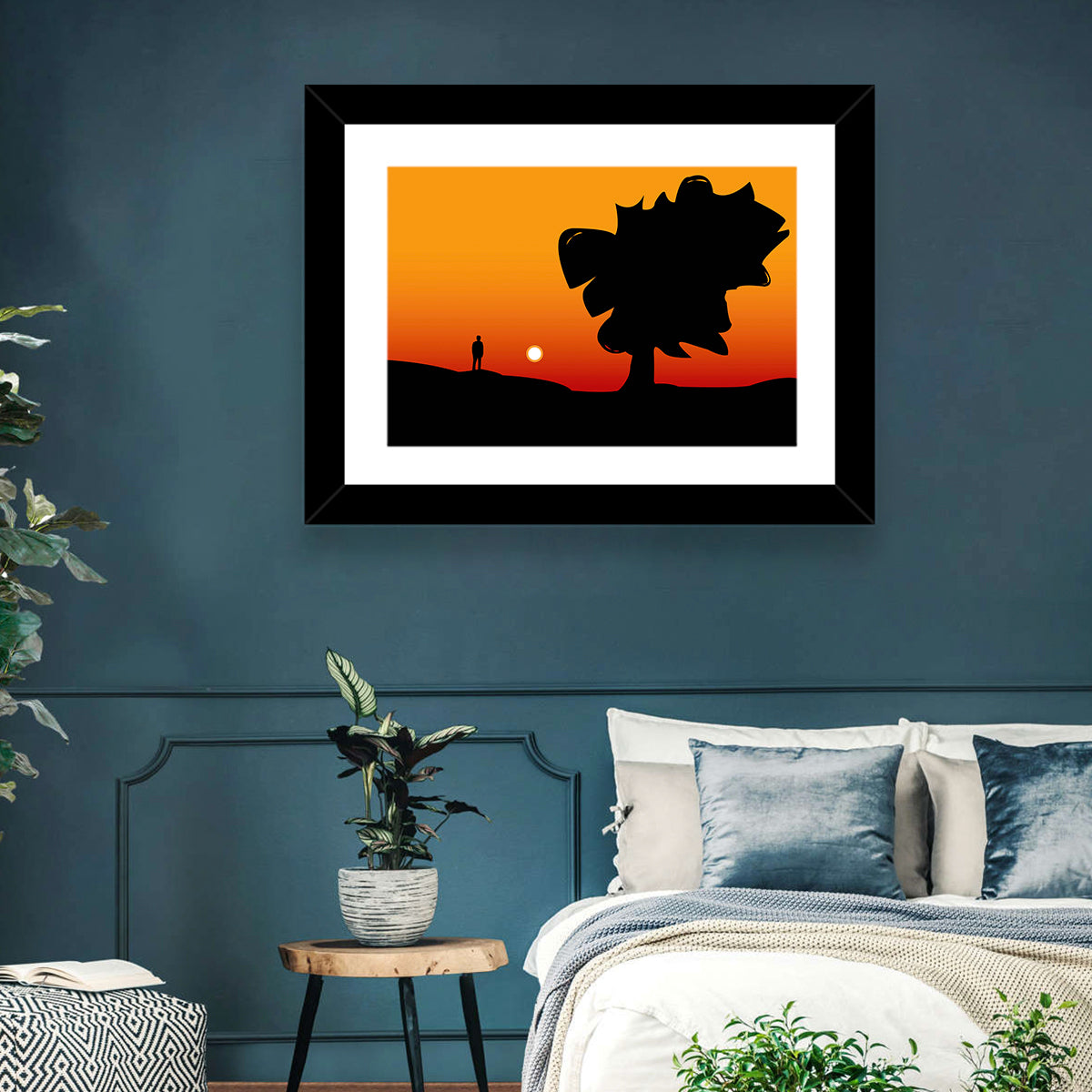 Solitary Sunset Silhouette Wall Art in a room, landscape