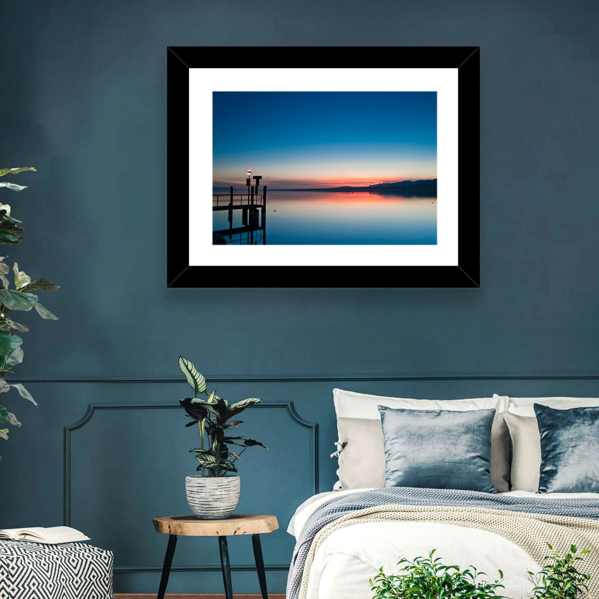 Lake Geneva Sunrise Pier Wall Art in a room, landscape