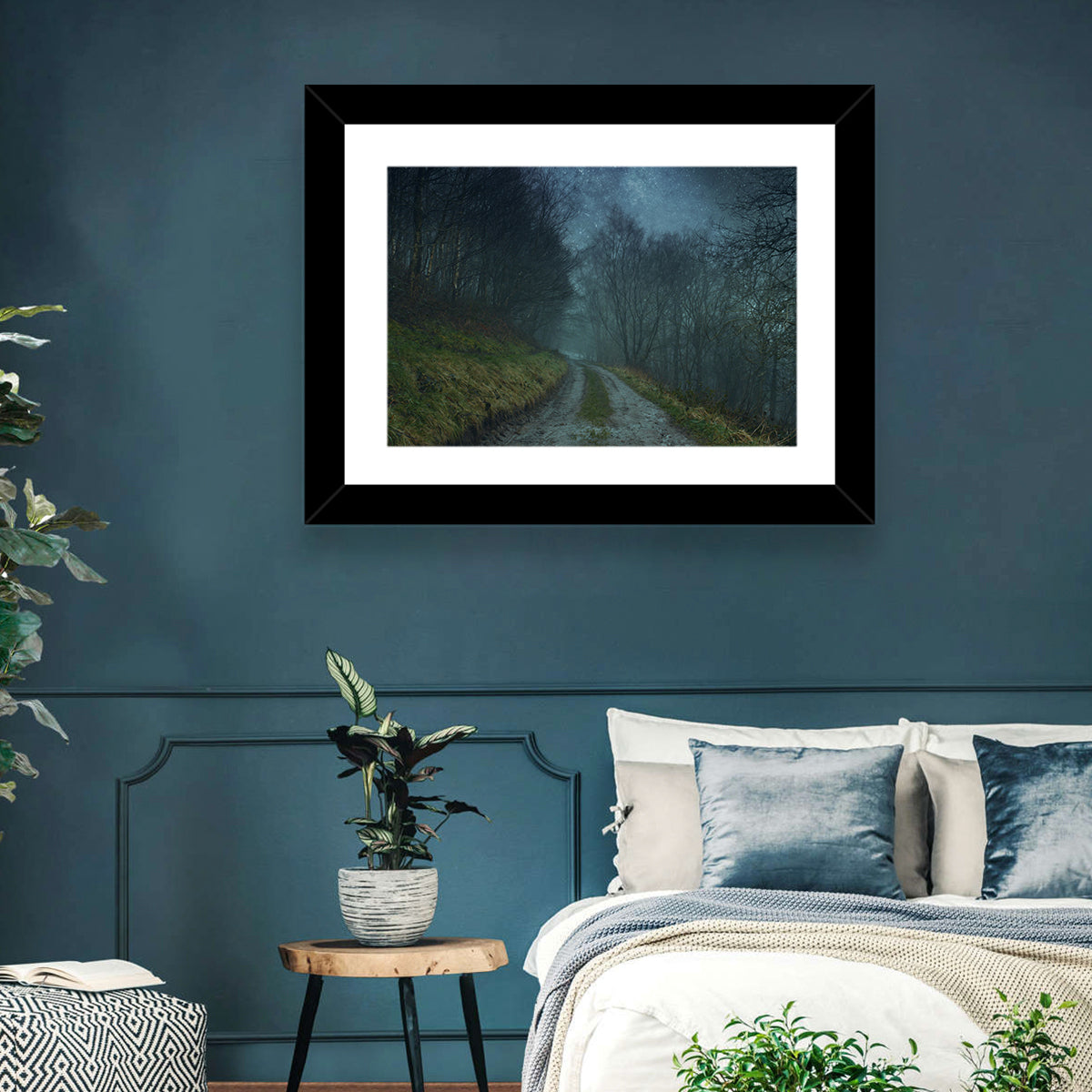 Misty Forest Pathway Wall Art in a room, landscape