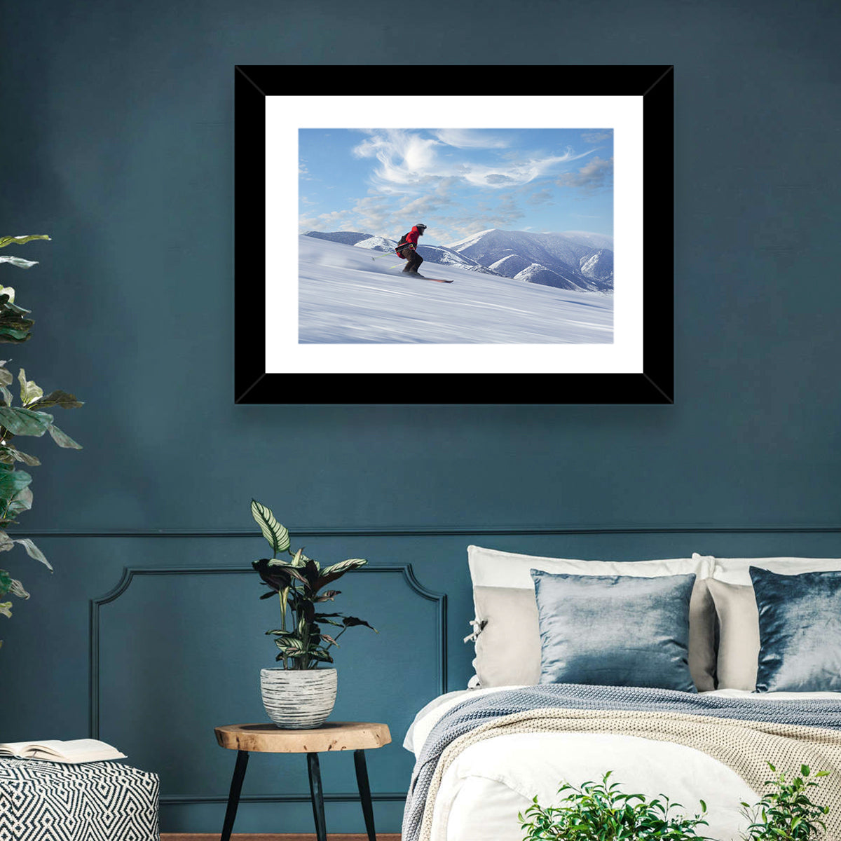 Skier on Snowy Mountain Slope Wall Art in a room, landscape
