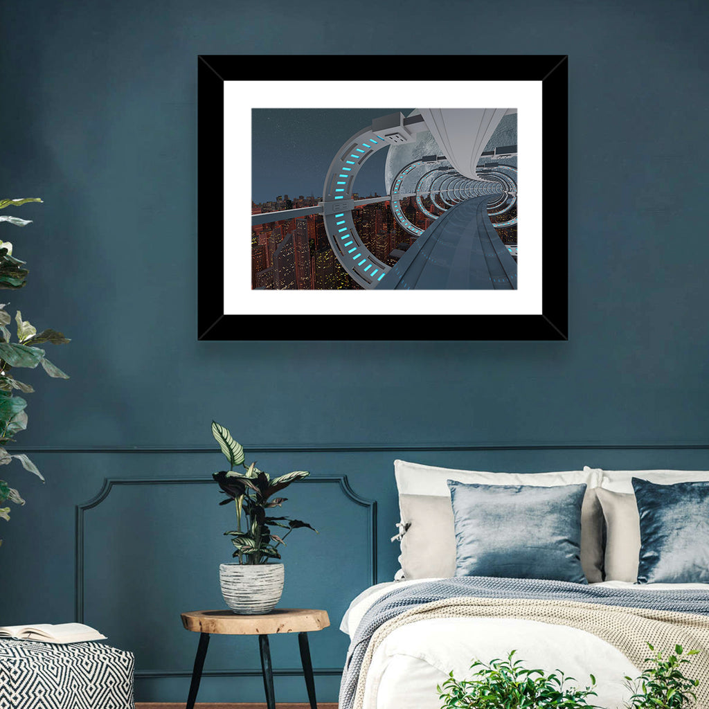 Futuristic City Tunnel with Moon Wall Art