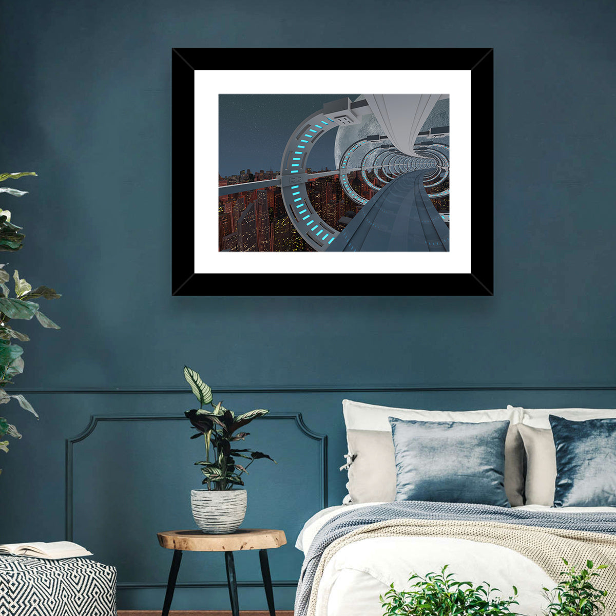 Futuristic City Tunnel with Moon Wall Art in a room, landscape