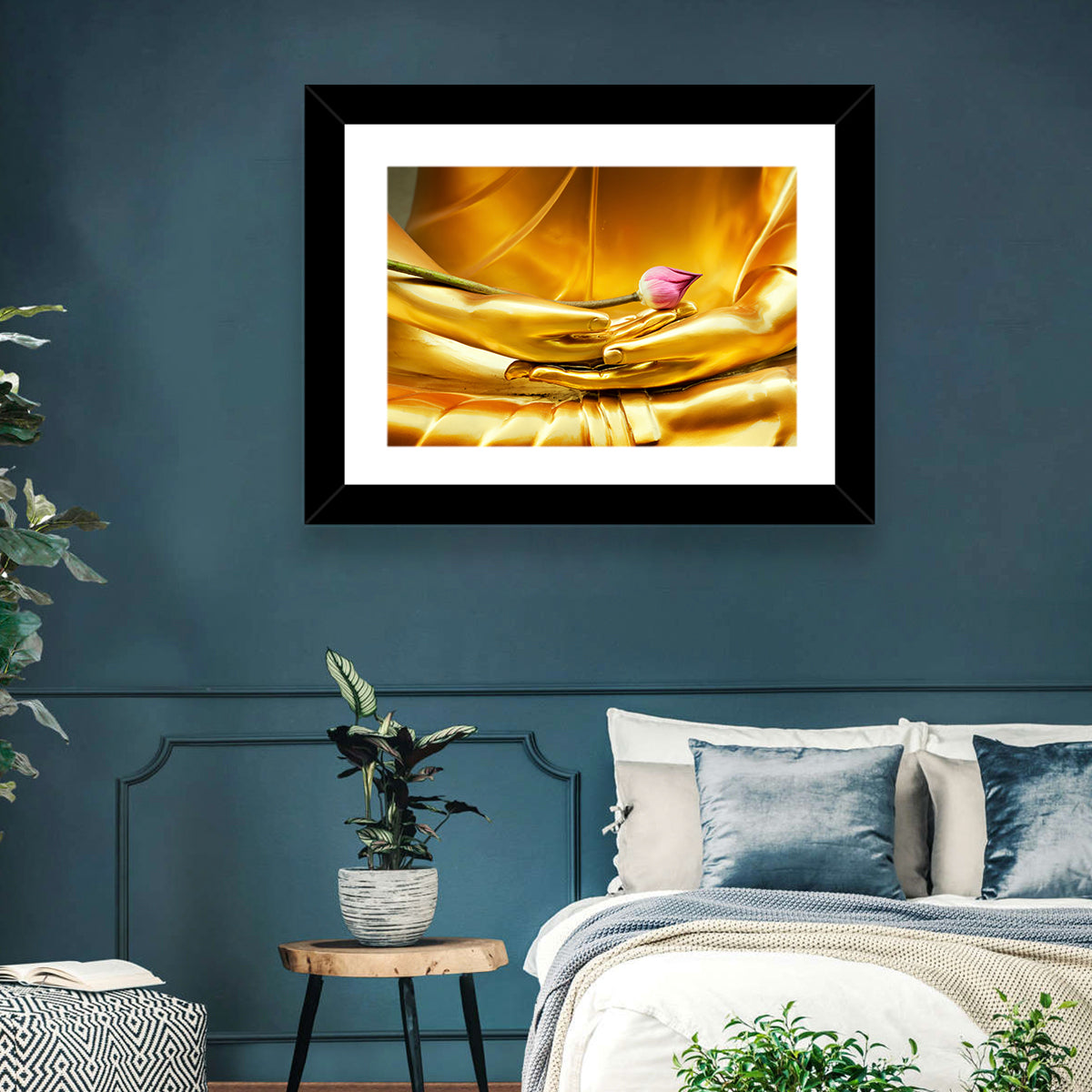 Buddha Hands with Lotus Wall Art in a room, landscape
