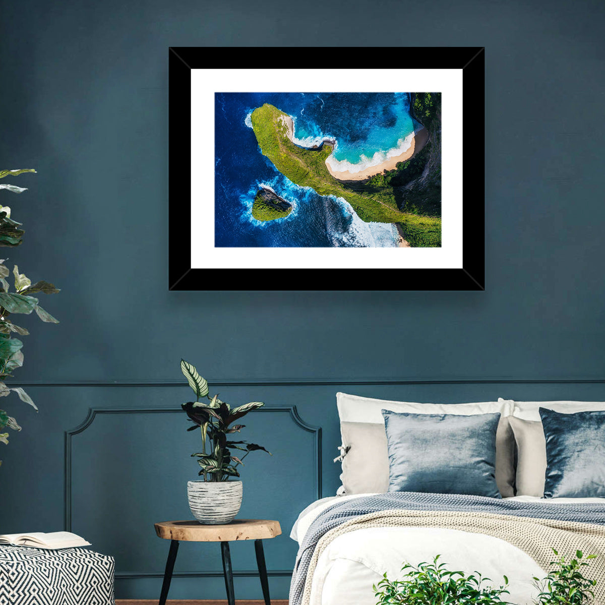 Kelingking Beach Cliffs Wall Art in a room, landscape