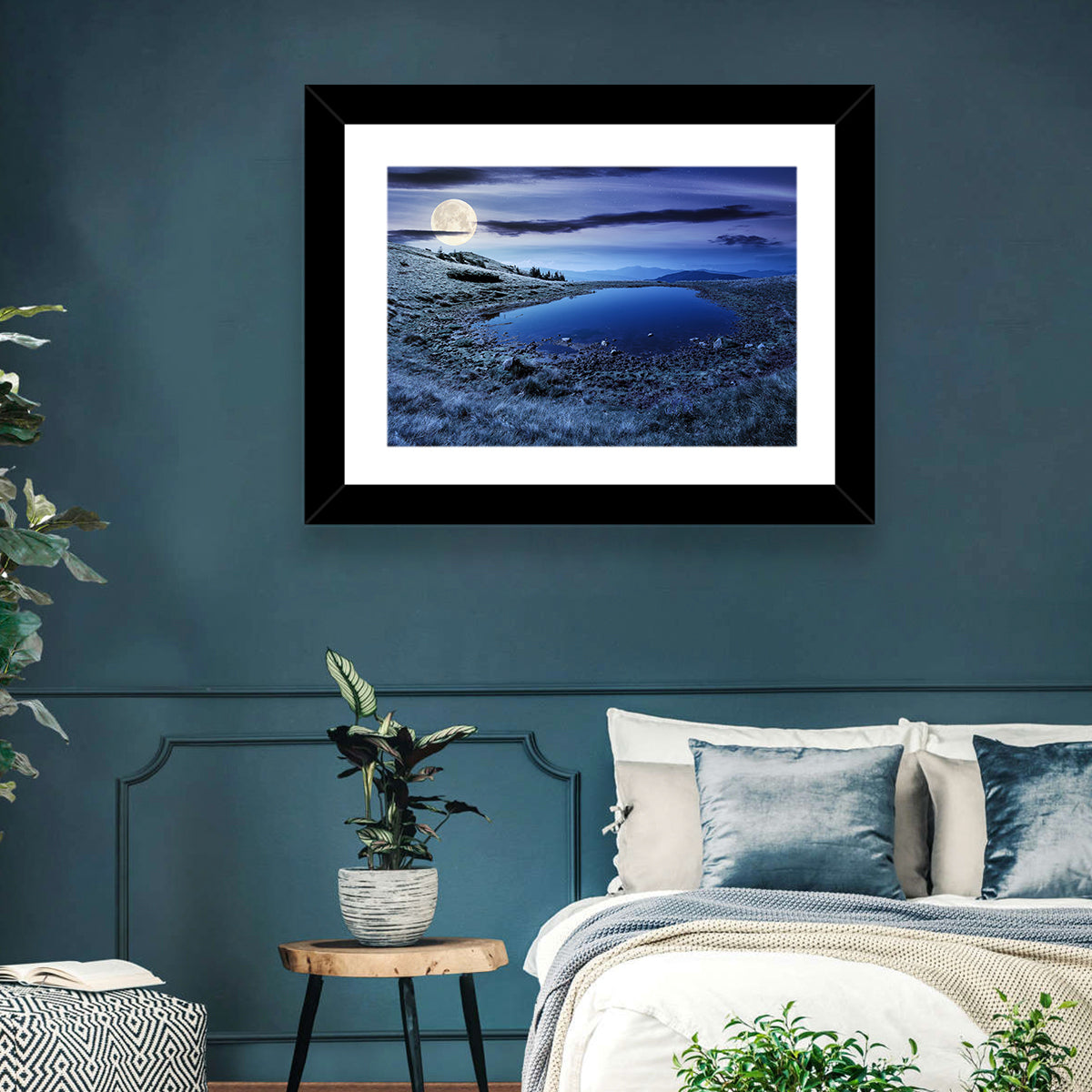 Mountain Lake at Night Wall Art in a room, landscape