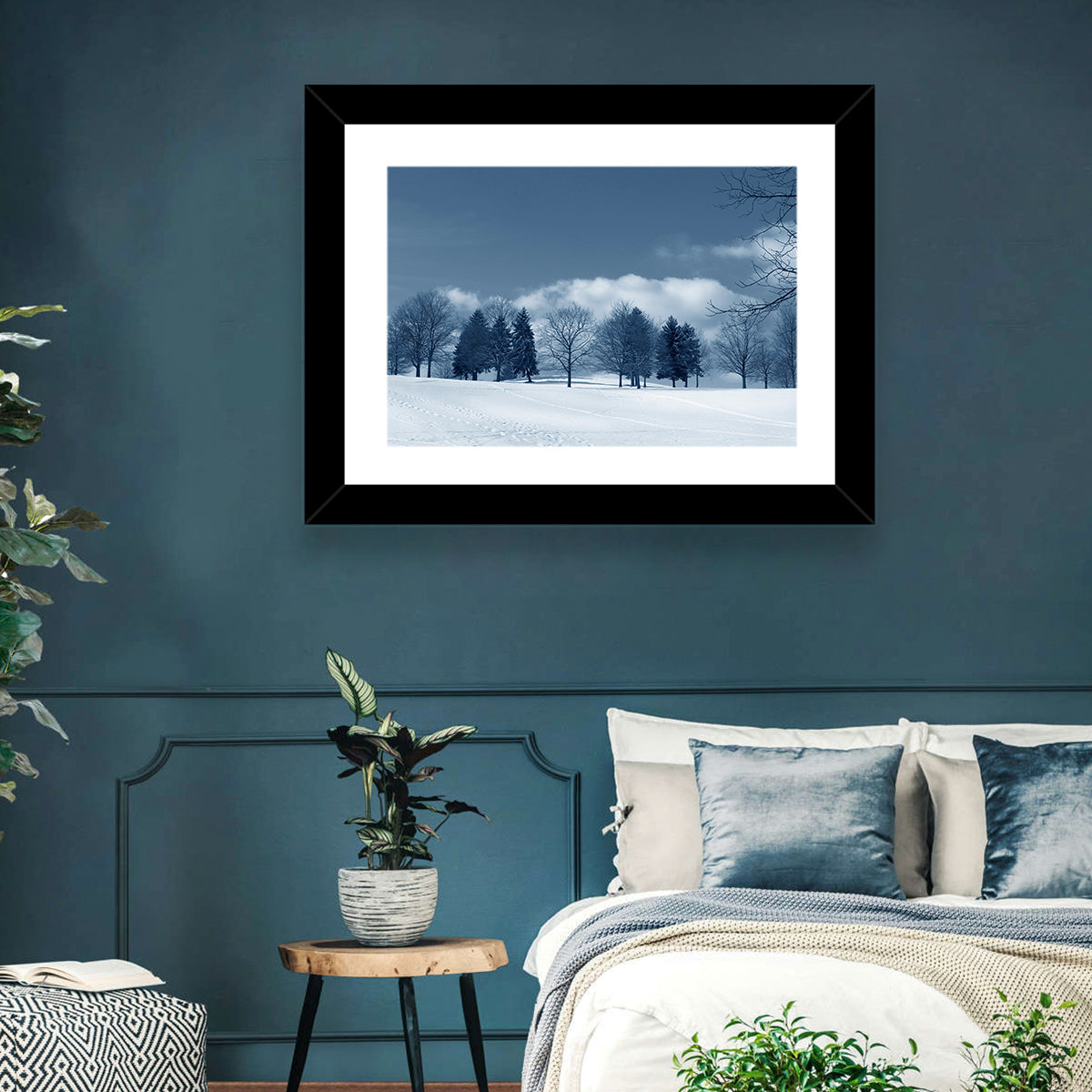 Snowy Field with Tracks Wall Art in a room, landscape