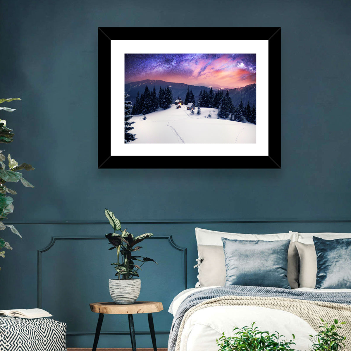 Starry Winter Cabins Under the Milky Way Wall Art