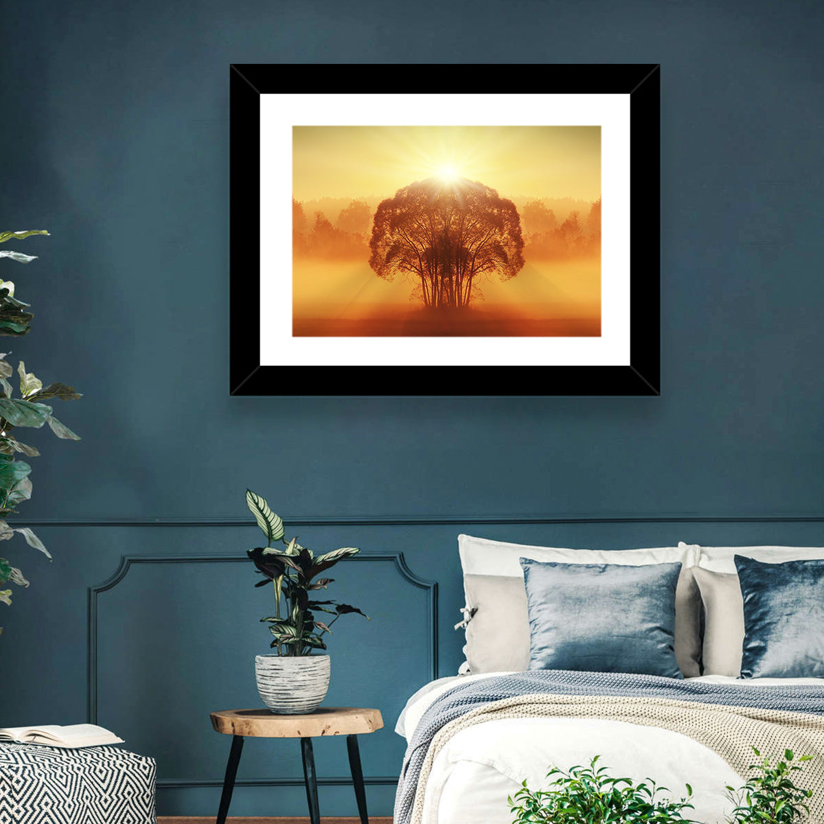 Golden Haze Tree at Sunset Wall Art in a room, landscape
