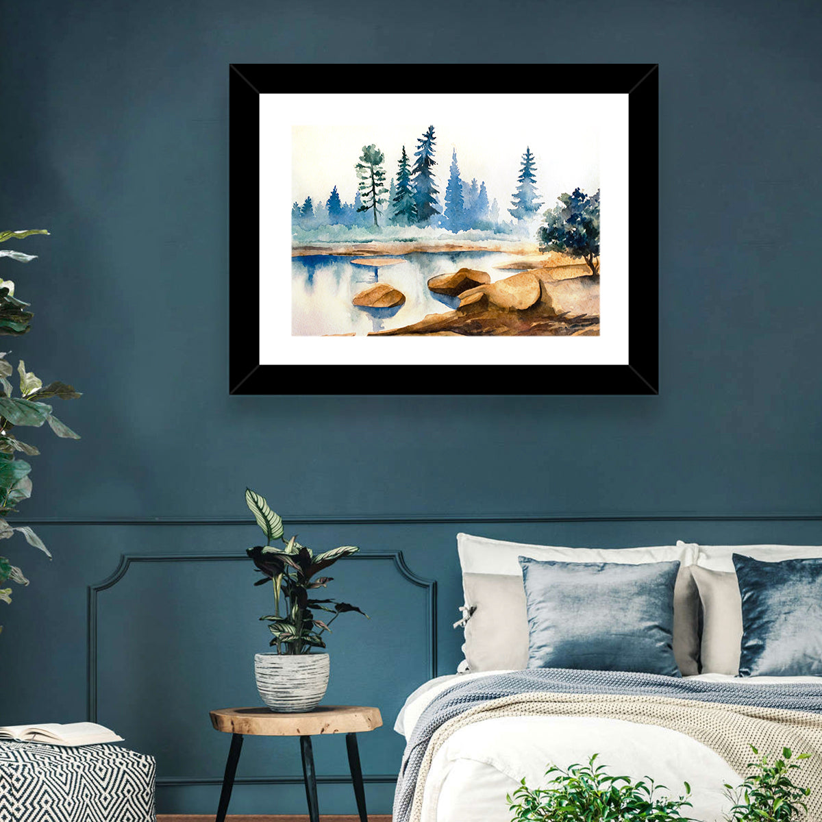 Misty Pine Stream Wall Art in a room, landscape